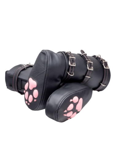 Leather leg mittens with silicone puppy paw pads.